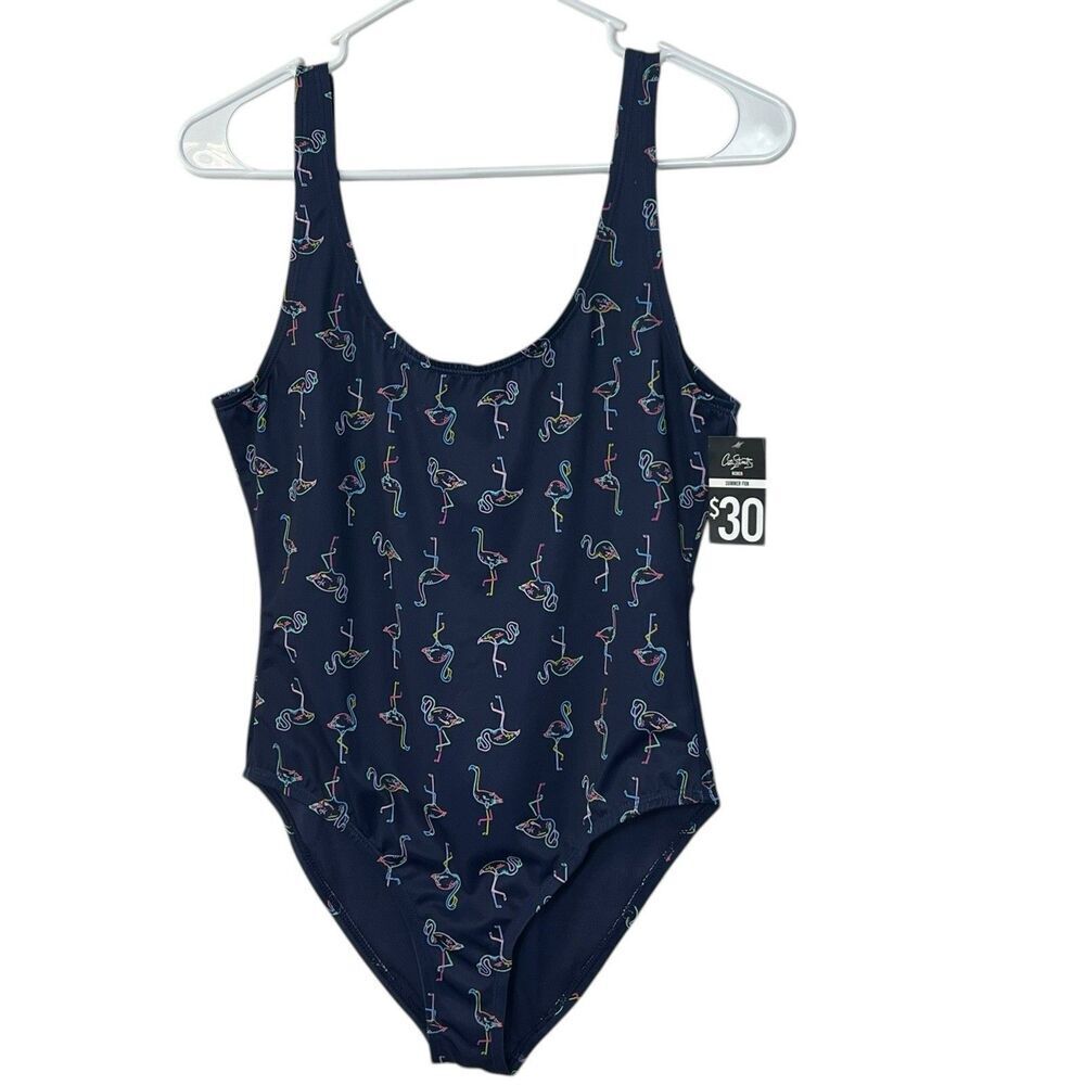 City Streets One Piece Swimsuit Colorful Flamingo Print Size Small Navy Blue